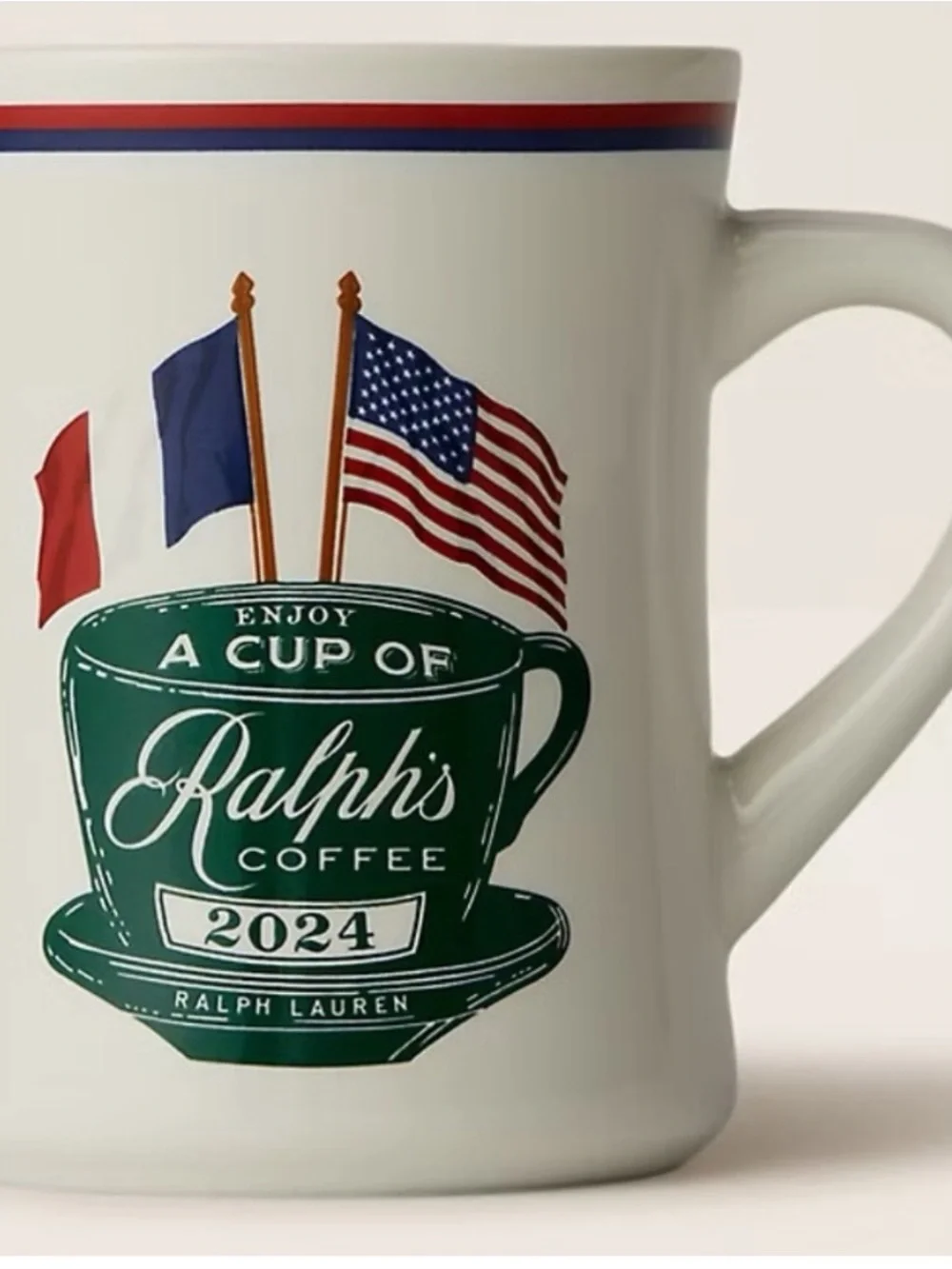 Ralph Lauren White Mug with Green Cup Graphic and Patriotic Flags